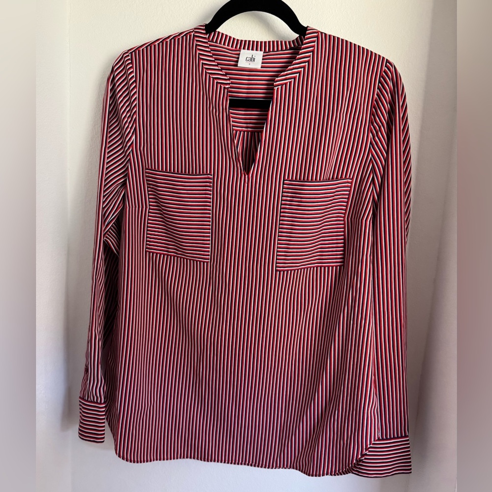 CAbi Blouse Navy, Red and white long sleeve size s/ch/p